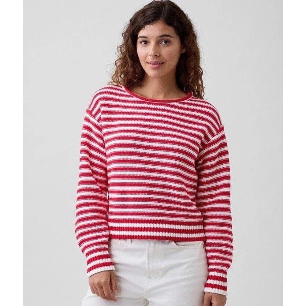 Gap Roll Neck Striped Sweater Womens Sz XS Red White Relaxed 100% Cotton Knit